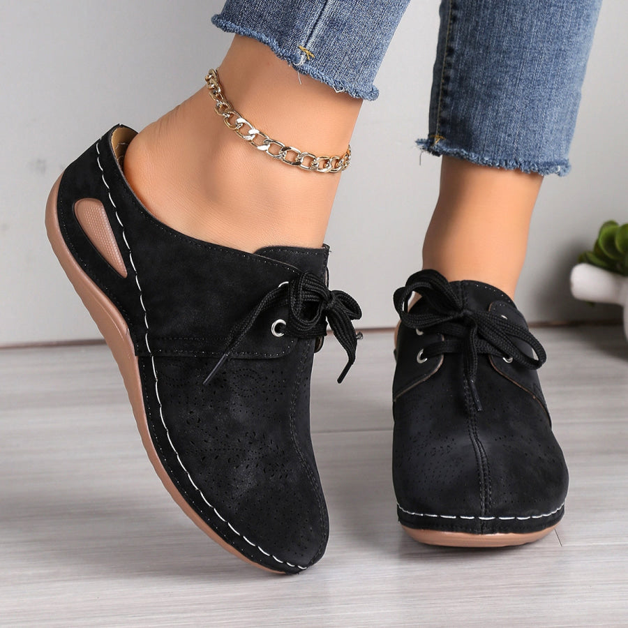 Lace-Up Round Toe Wedge Sandals Black / 36(US5) Apparel and Accessories