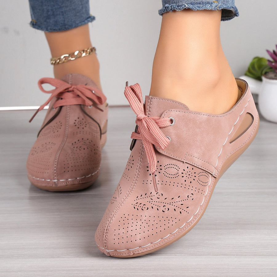 Lace-Up Round Toe Wedge Sandals Light Mauve / 36(US5) Apparel and Accessories