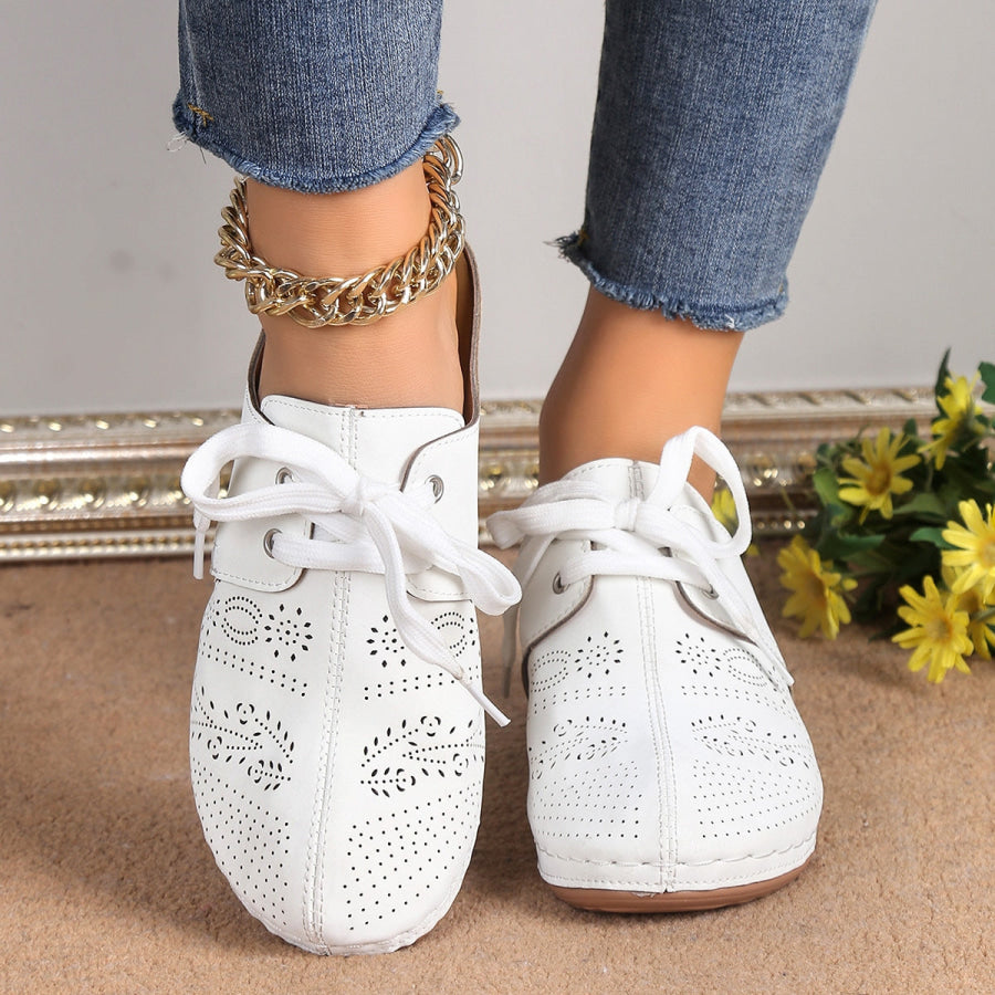 Lace-Up Round Toe Wedge Sandals White / 36(US5) Apparel and Accessories