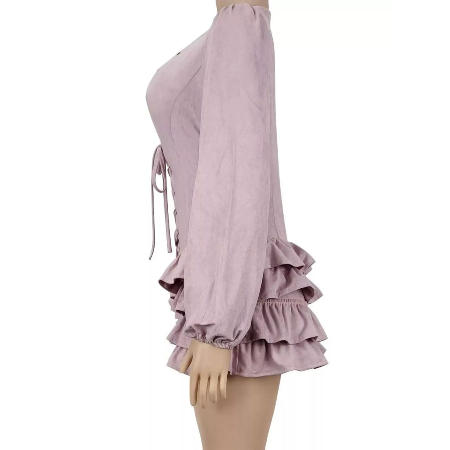 Lace-Up Ruffle Hem Long Sleeve Mini Dress Apparel and Accessories