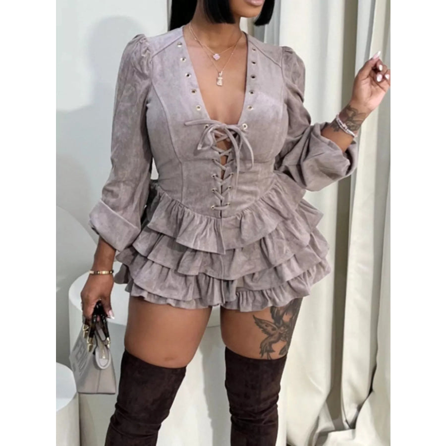 Lace-Up Ruffle Hem Long Sleeve Mini Dress Apparel and Accessories
