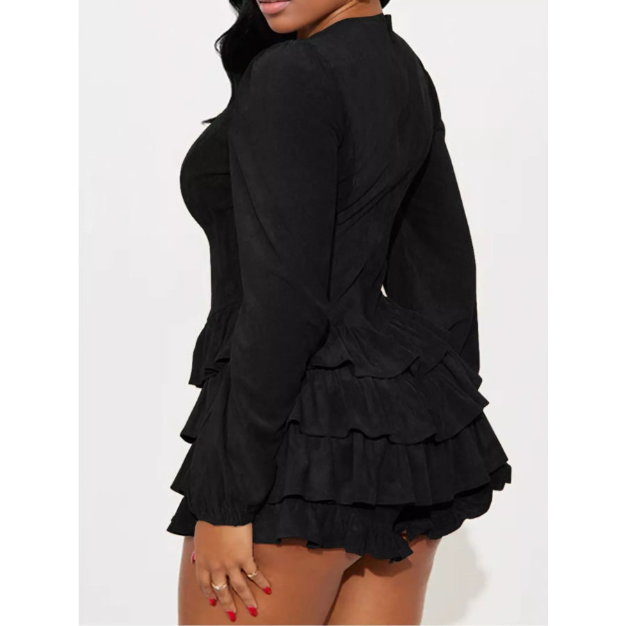 Lace-Up Ruffle Hem Long Sleeve Mini Dress Apparel and Accessories