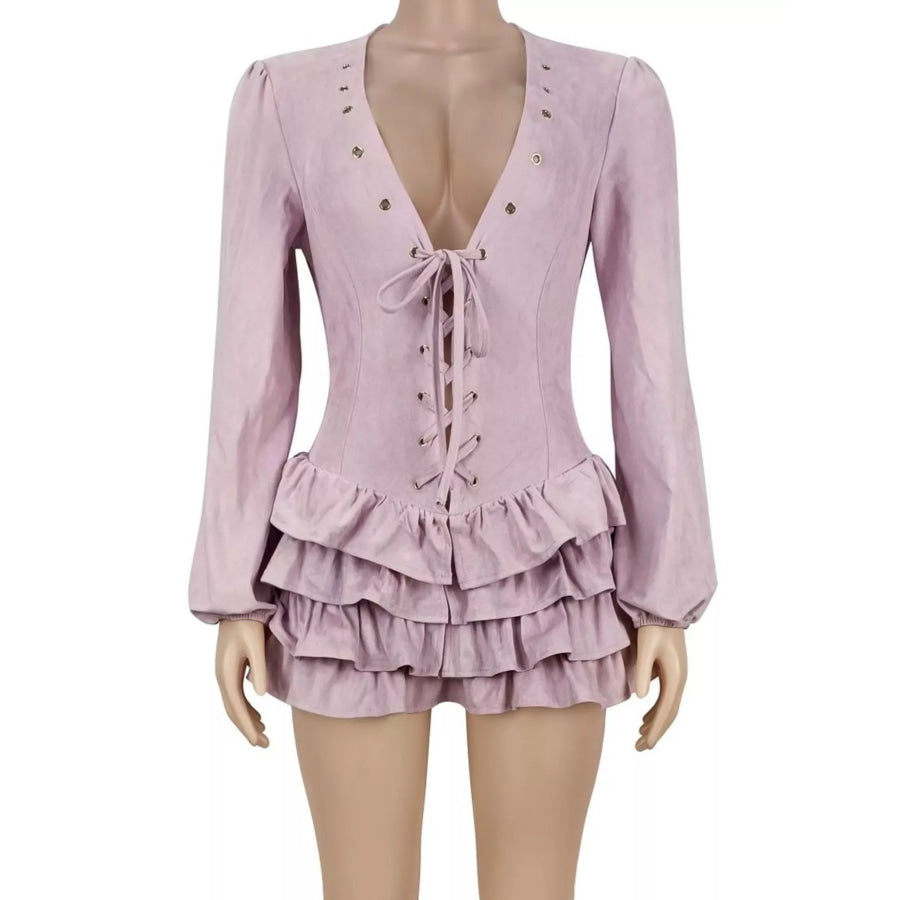 Lace-Up Ruffle Hem Long Sleeve Mini Dress Apparel and Accessories