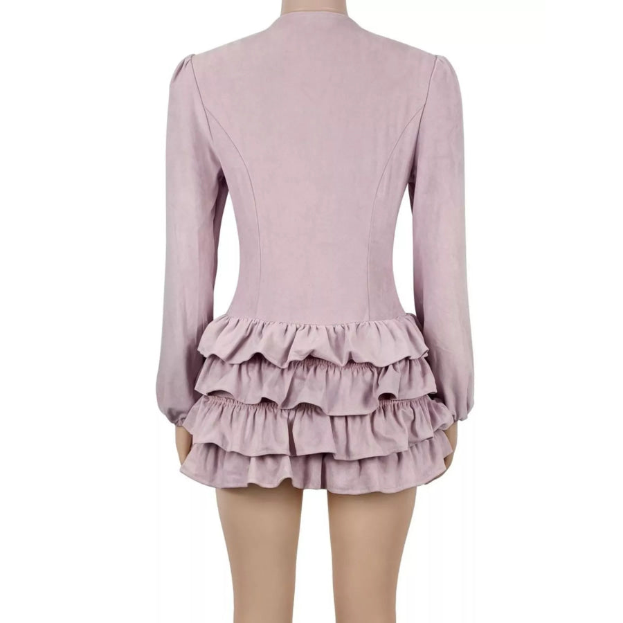 Lace-Up Ruffle Hem Long Sleeve Mini Dress Apparel and Accessories