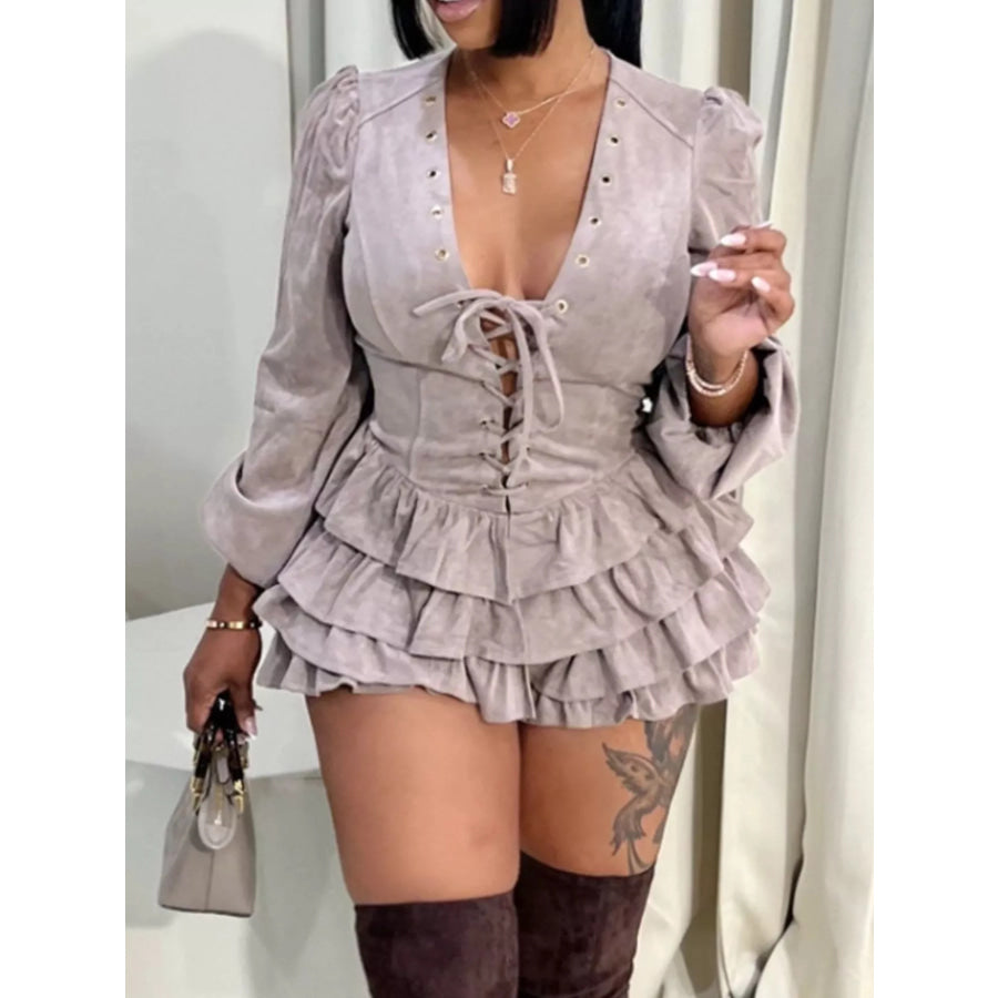 Lace-Up Ruffle Hem Long Sleeve Mini Dress Dusty Pink / S Apparel and Accessories
