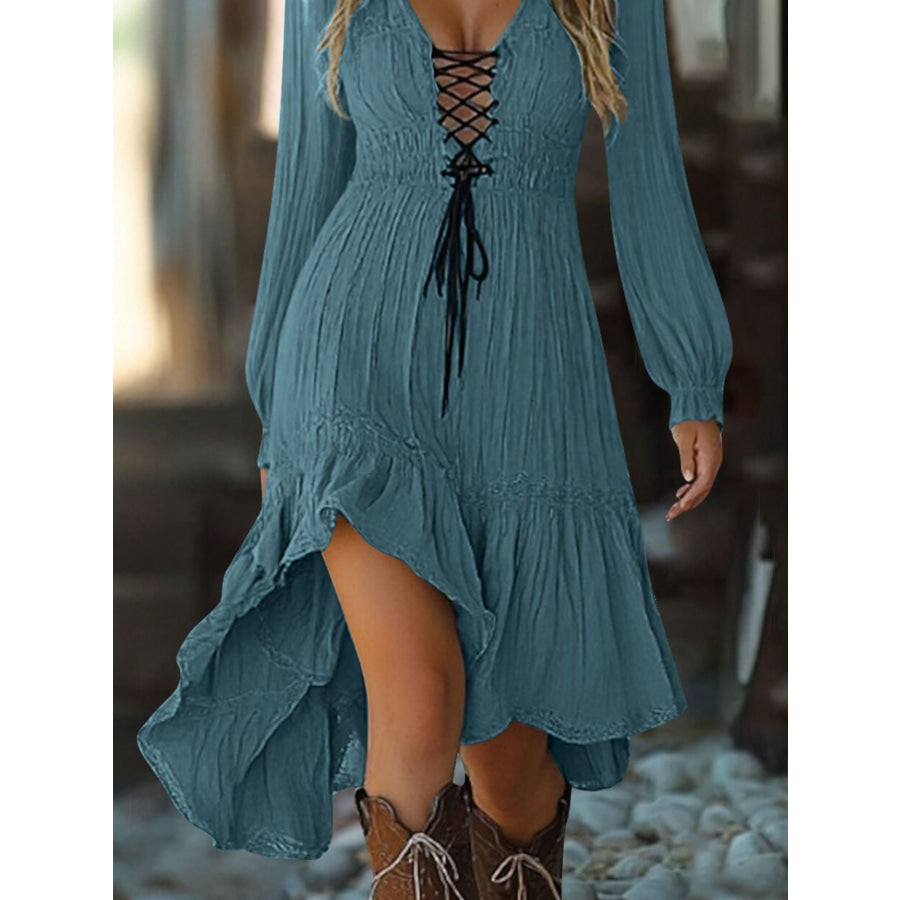 Lace-Up Ruffled Hem High-Low Dress Apparel and Accessories