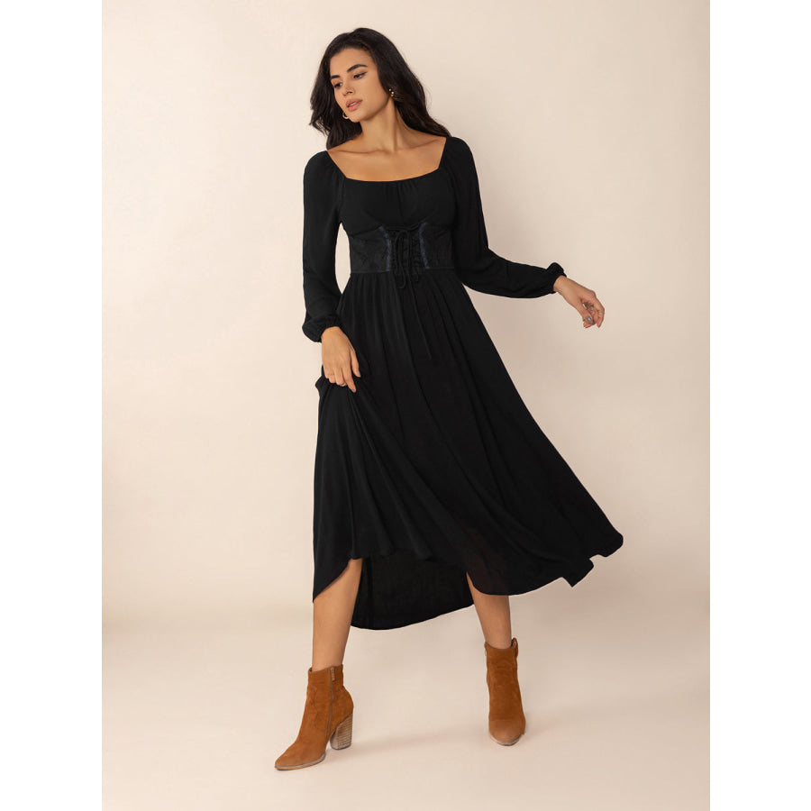 Lace-Up Square Neck Long Sleeve Midi Dress Apparel and Accessories