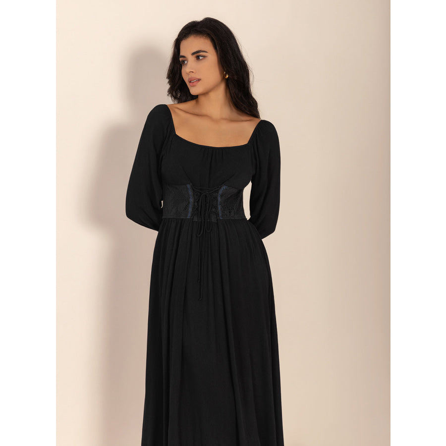 Lace-Up Square Neck Long Sleeve Midi Dress Black / S Apparel and Accessories