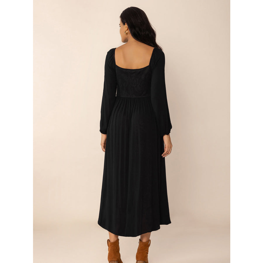 Lace-Up Square Neck Long Sleeve Midi Dress Apparel and Accessories