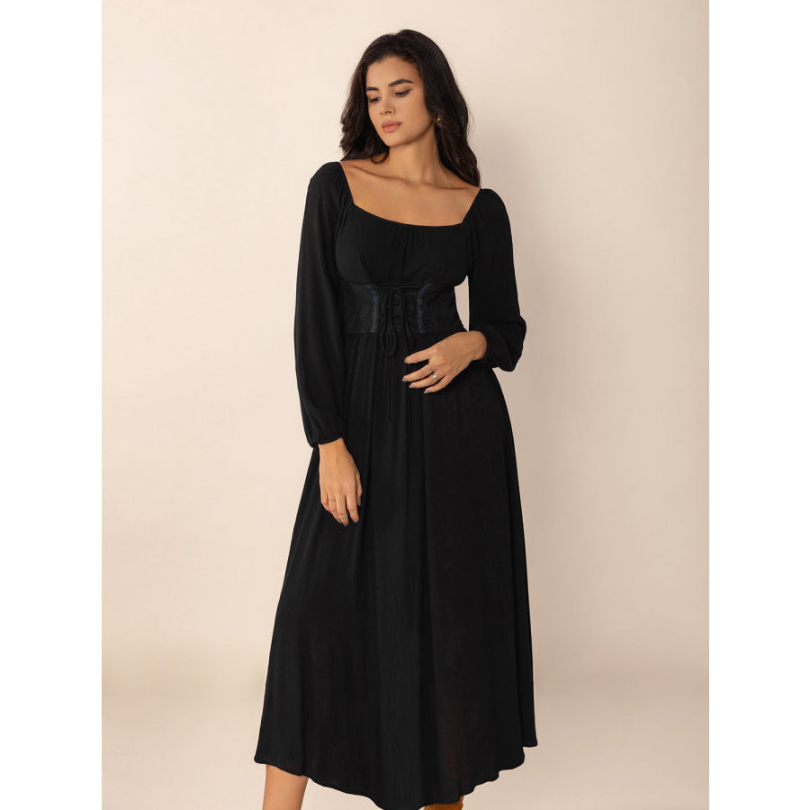 Lace-Up Square Neck Long Sleeve Midi Dress Apparel and Accessories