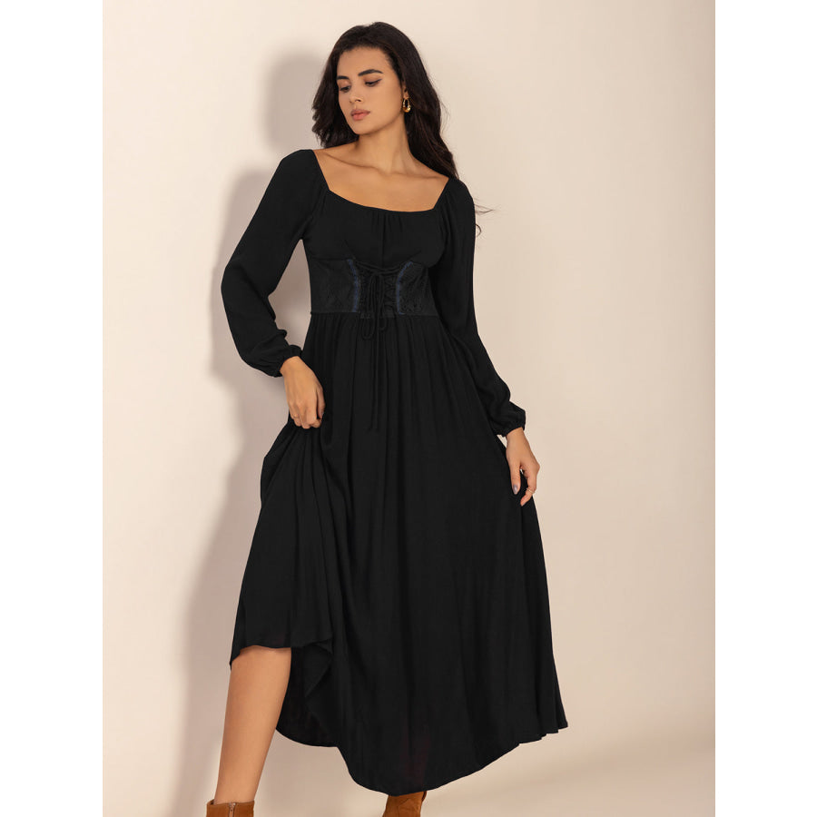 Lace-Up Square Neck Long Sleeve Midi Dress Apparel and Accessories