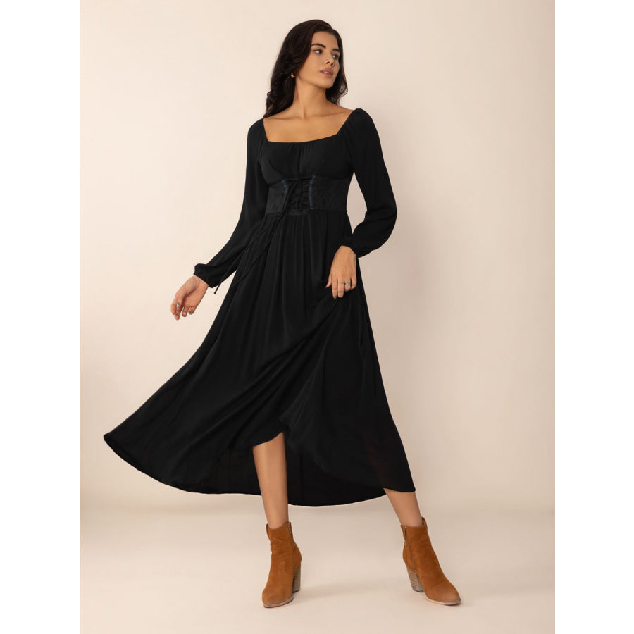 Lace-Up Square Neck Long Sleeve Midi Dress Apparel and Accessories