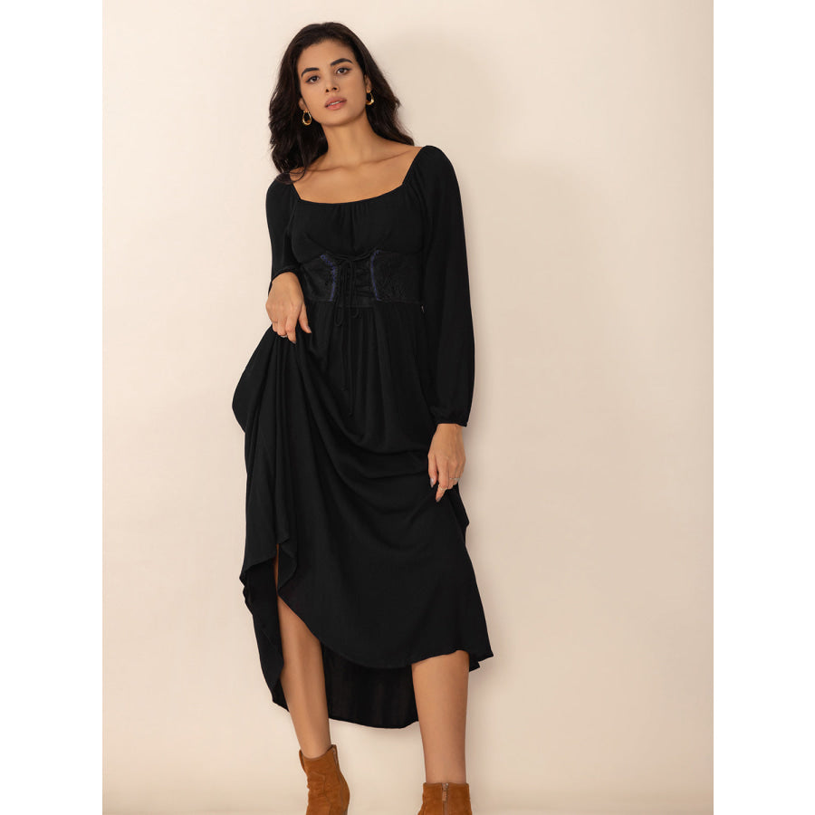 Lace-Up Square Neck Long Sleeve Midi Dress Apparel and Accessories