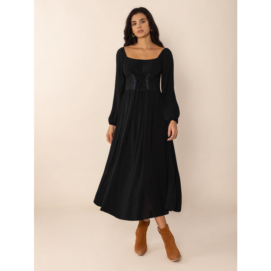 Lace-Up Square Neck Long Sleeve Midi Dress Black / S Apparel and Accessories