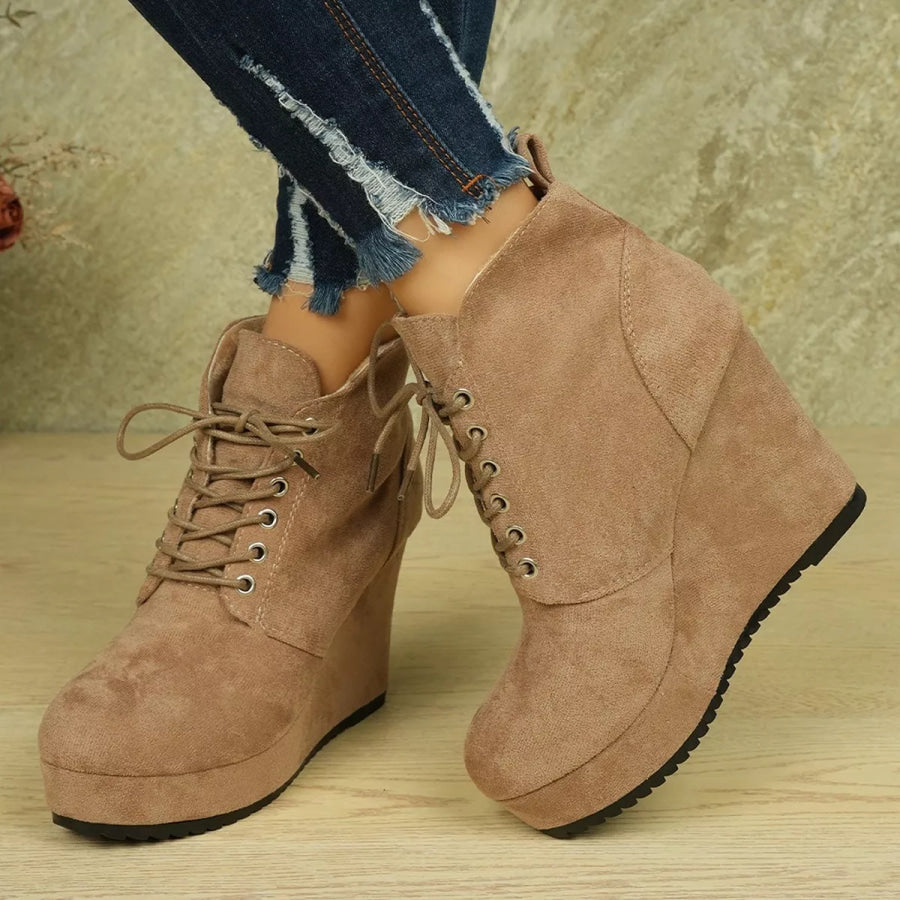 Lace-Up Wedge Ankle Boots Khaki / 36 Apparel and Accessories