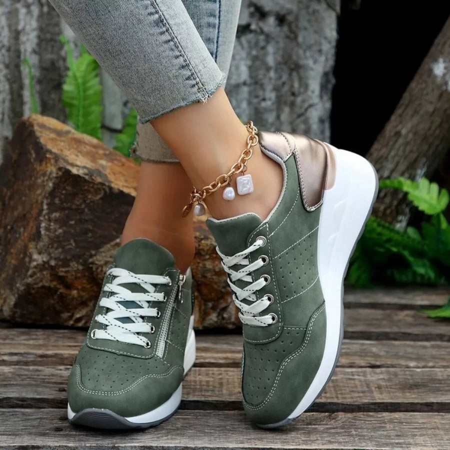 Lace Up Wedge Sneakers Army Green / 36 Apparel and Accessories