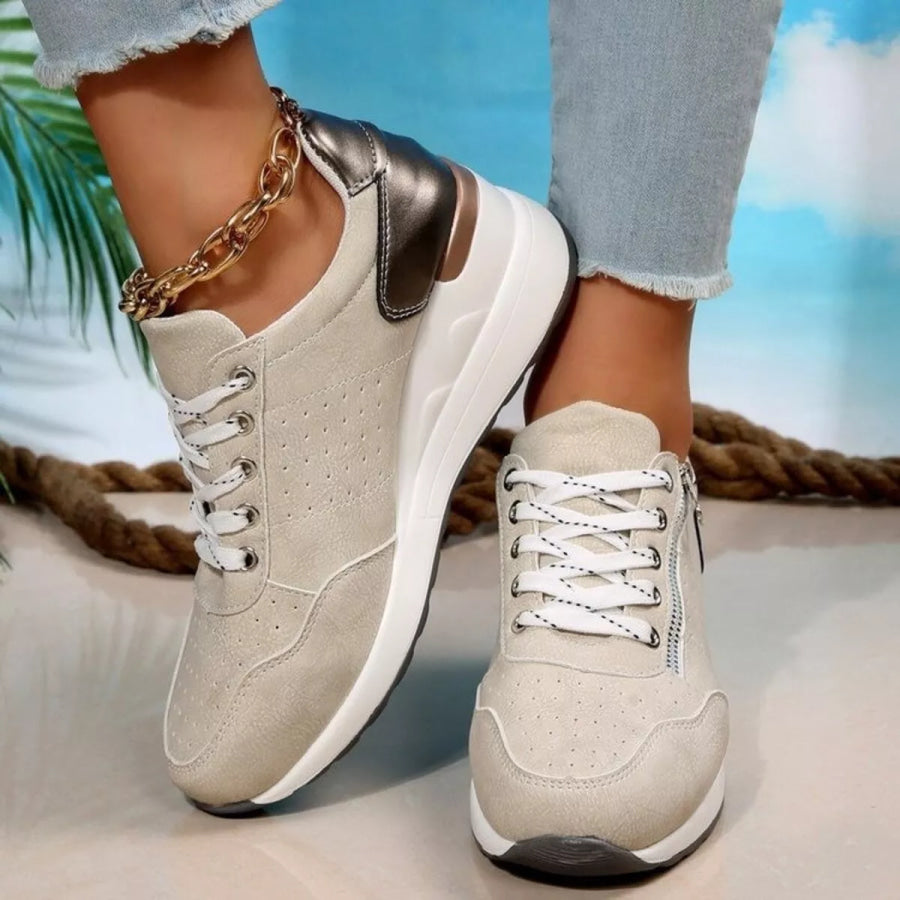 Lace Up Wedge Sneakers Beige / 36 Apparel and Accessories