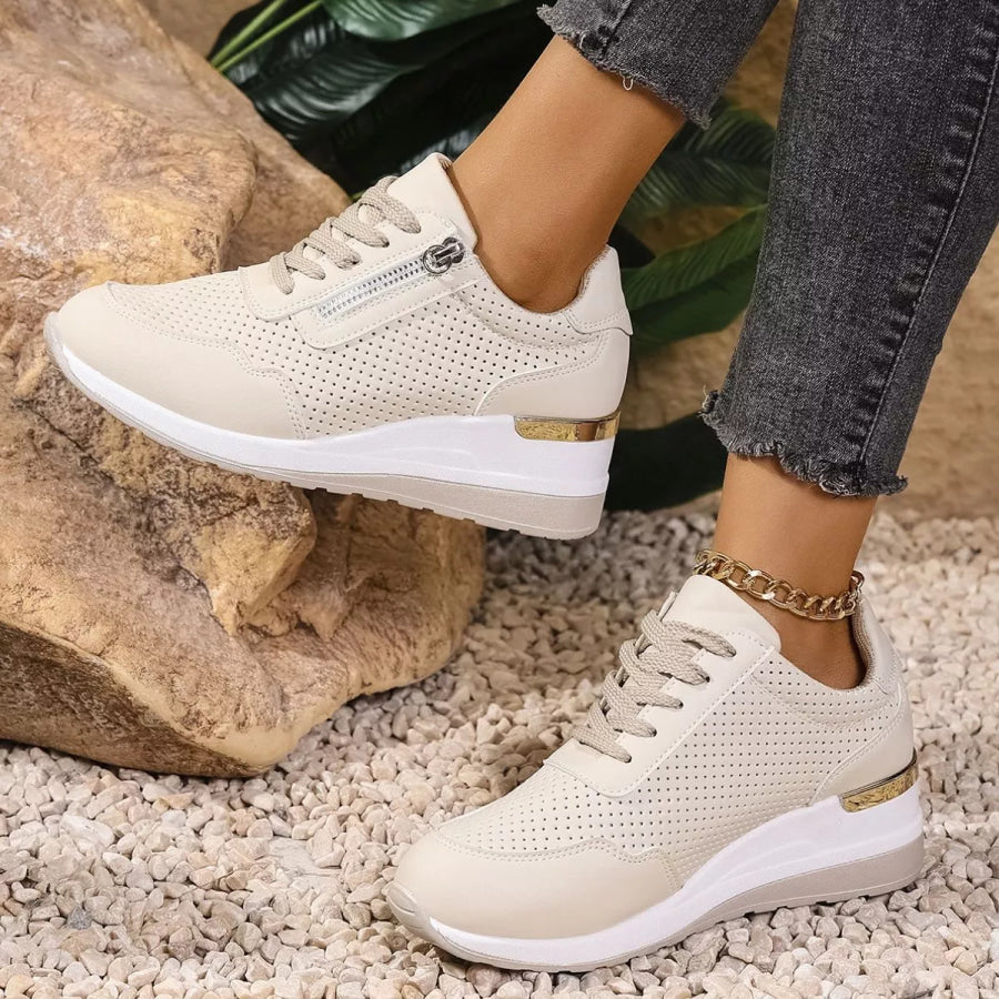 Lace Up Wedge Sneakers Beige / 37 Apparel and Accessories