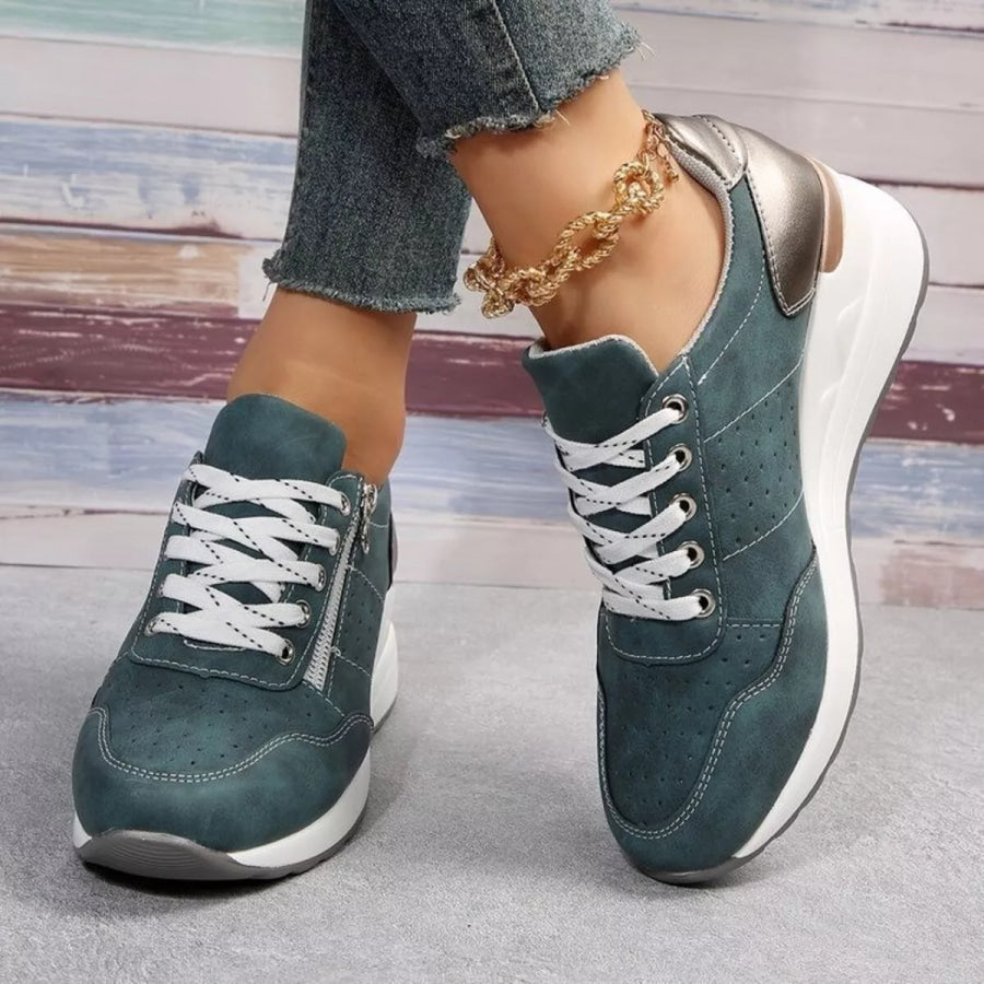 Lace Up Wedge Sneakers Dark Green / 36 Apparel and Accessories