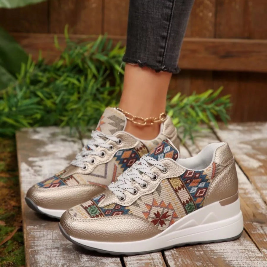 Lace Up Wedge Sneakers Gold / 36 Apparel and Accessories