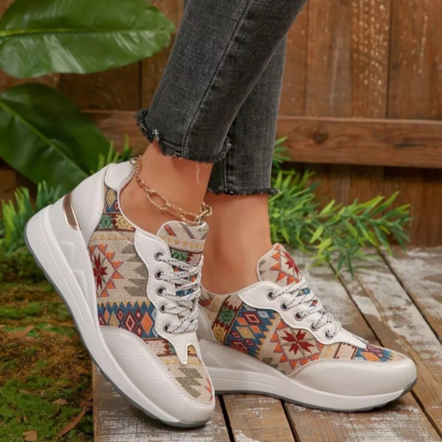 Lace Up Wedge Sneakers White / 36 Apparel and Accessories
