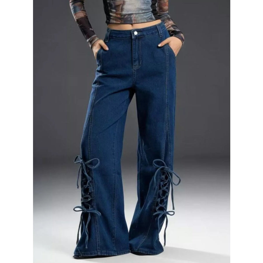 Lace-Up Wide Leg Jeans Dark Blue / S Apparel and Accessories