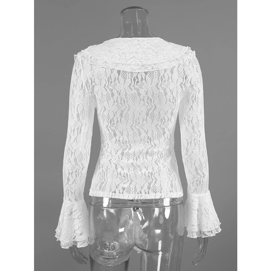 Lace V-Neck Flare Sleeve Blouse Apparel and Accessories