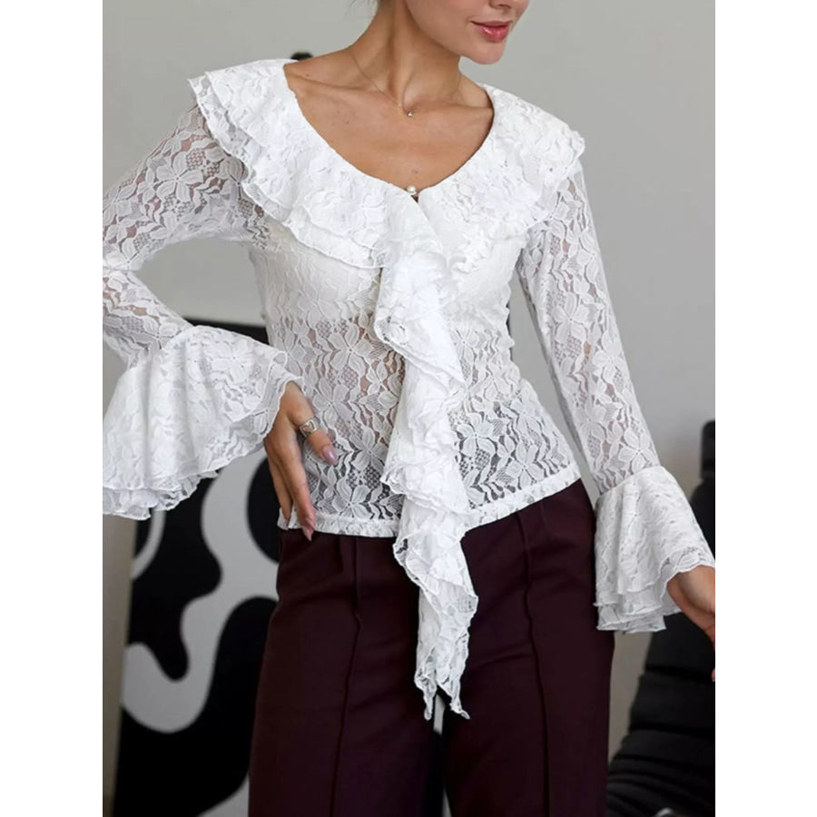 Lace V-Neck Flare Sleeve Blouse Apparel and Accessories
