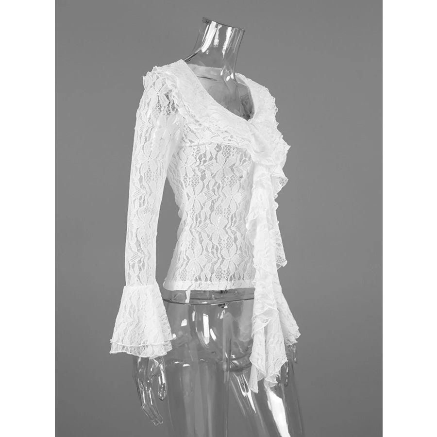 Lace V-Neck Flare Sleeve Blouse Apparel and Accessories