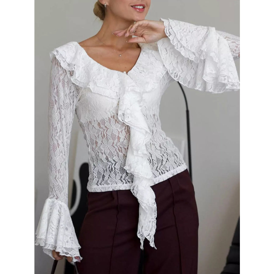 Lace V-Neck Flare Sleeve Blouse Apparel and Accessories