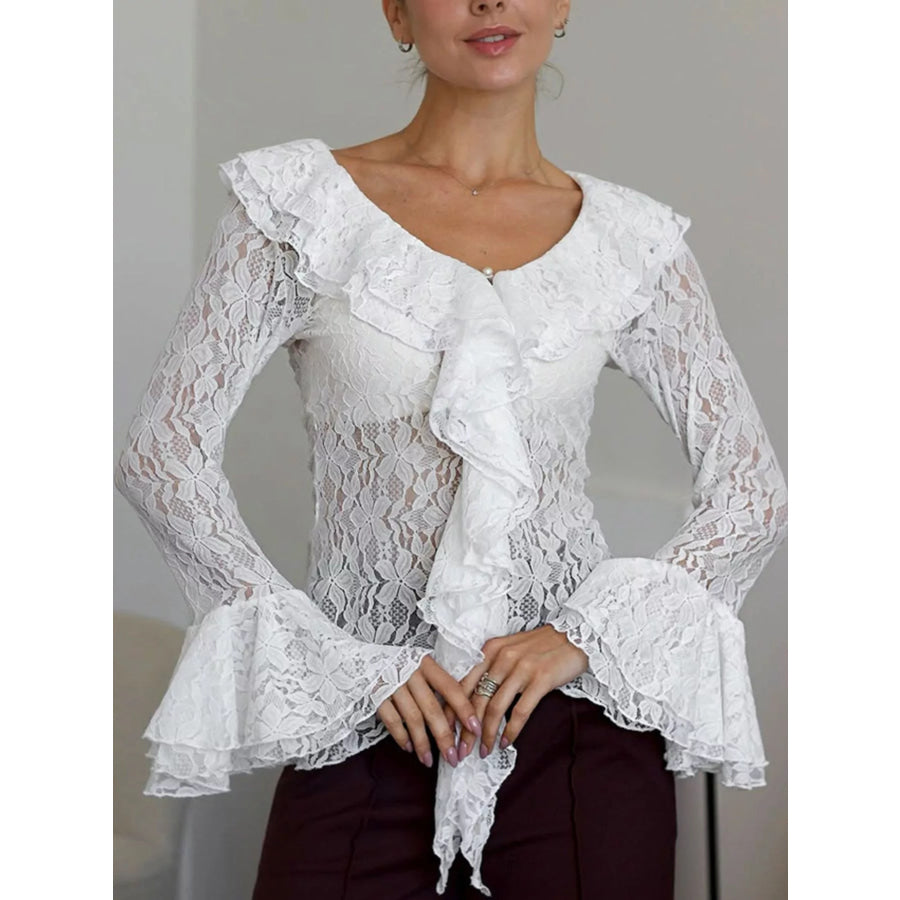 Lace V-Neck Flare Sleeve Blouse Apparel and Accessories