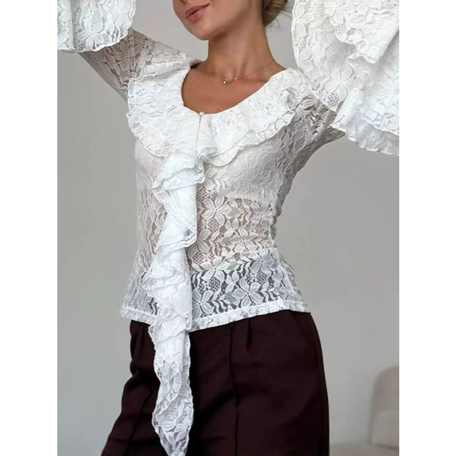 Lace V-Neck Flare Sleeve Blouse Apparel and Accessories
