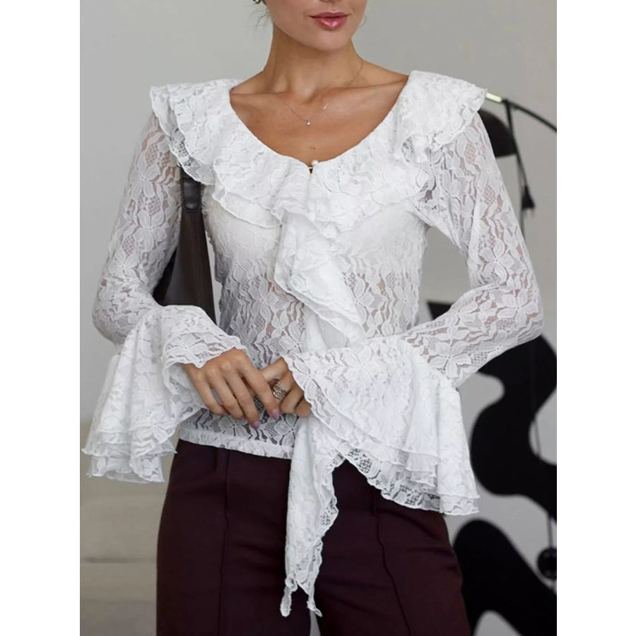 Lace V-Neck Flare Sleeve Blouse White / S Apparel and Accessories
