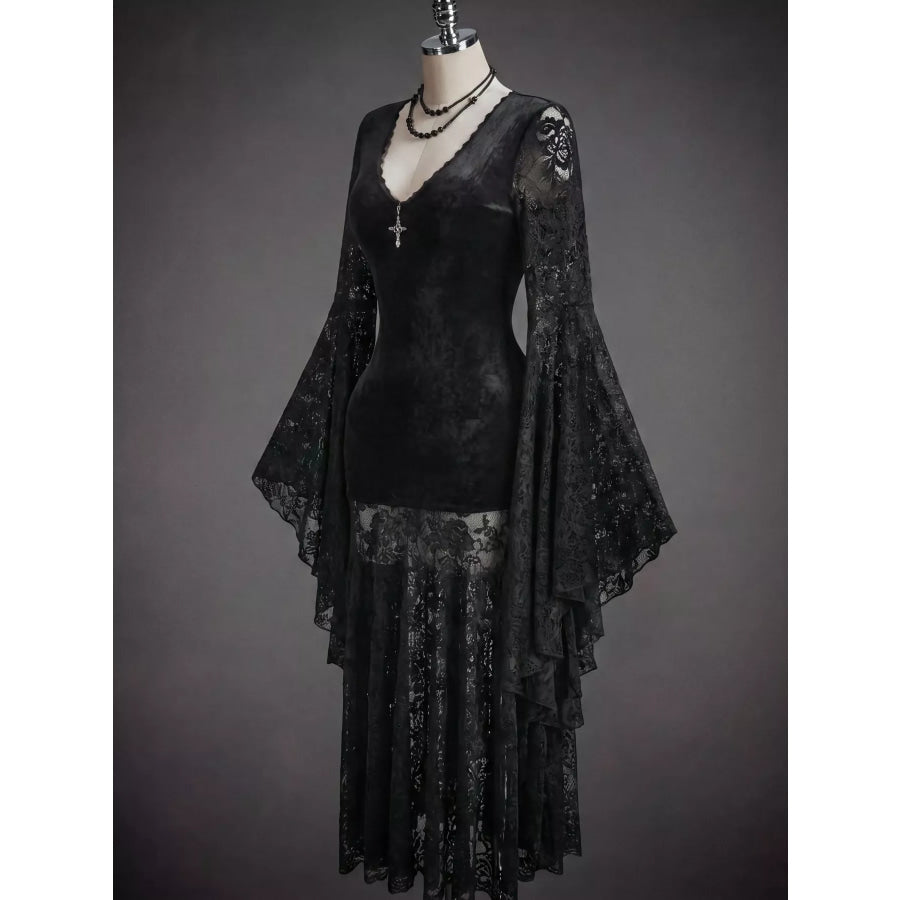 Lace V-Neck Flare Sleeve Dress Black / S Apparel and Accessories