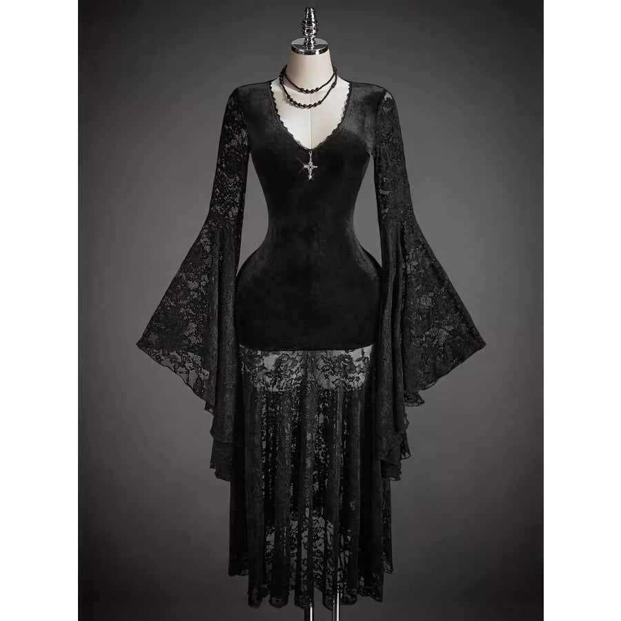 Lace V-Neck Flare Sleeve Dress Black / S Apparel and Accessories