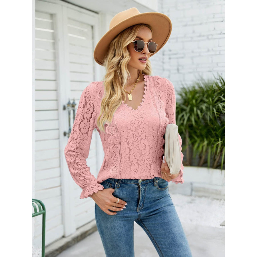 Lace V - Neck Flounce Sleeve Blouse Apparel and Accessories