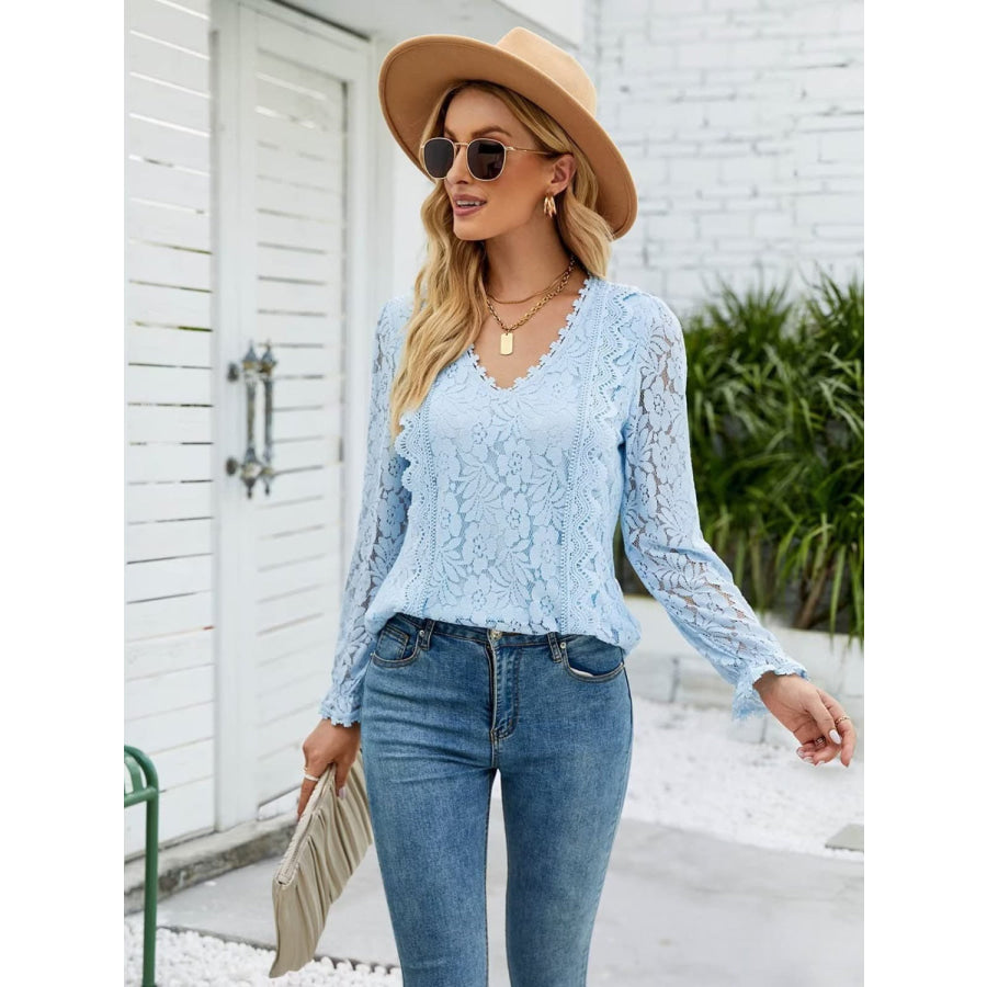 Lace V - Neck Flounce Sleeve Blouse Apparel and Accessories