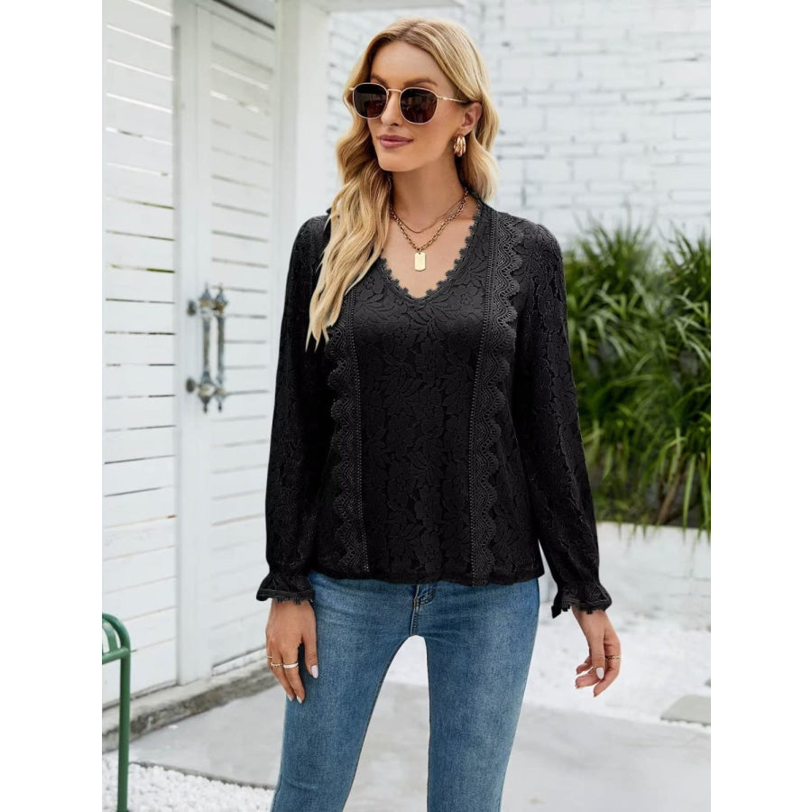 Lace V - Neck Flounce Sleeve Blouse Apparel and Accessories