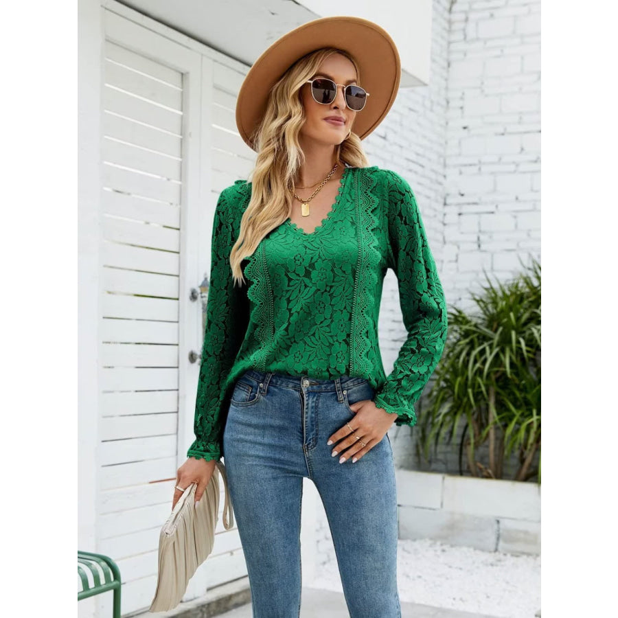 Lace V - Neck Flounce Sleeve Blouse Apparel and Accessories