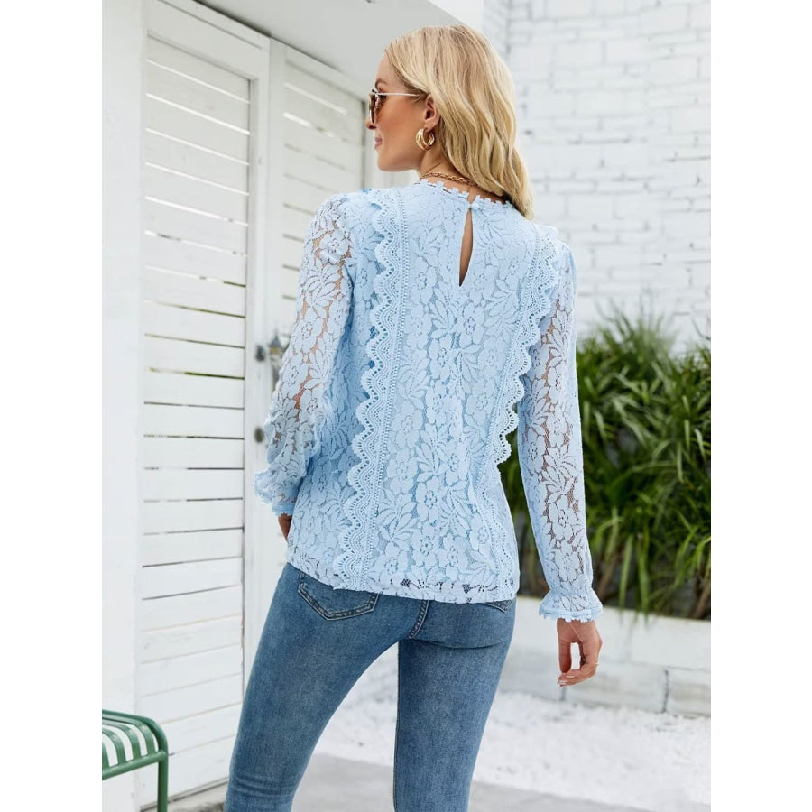 Lace V - Neck Flounce Sleeve Blouse Misty Blue / S Apparel and Accessories