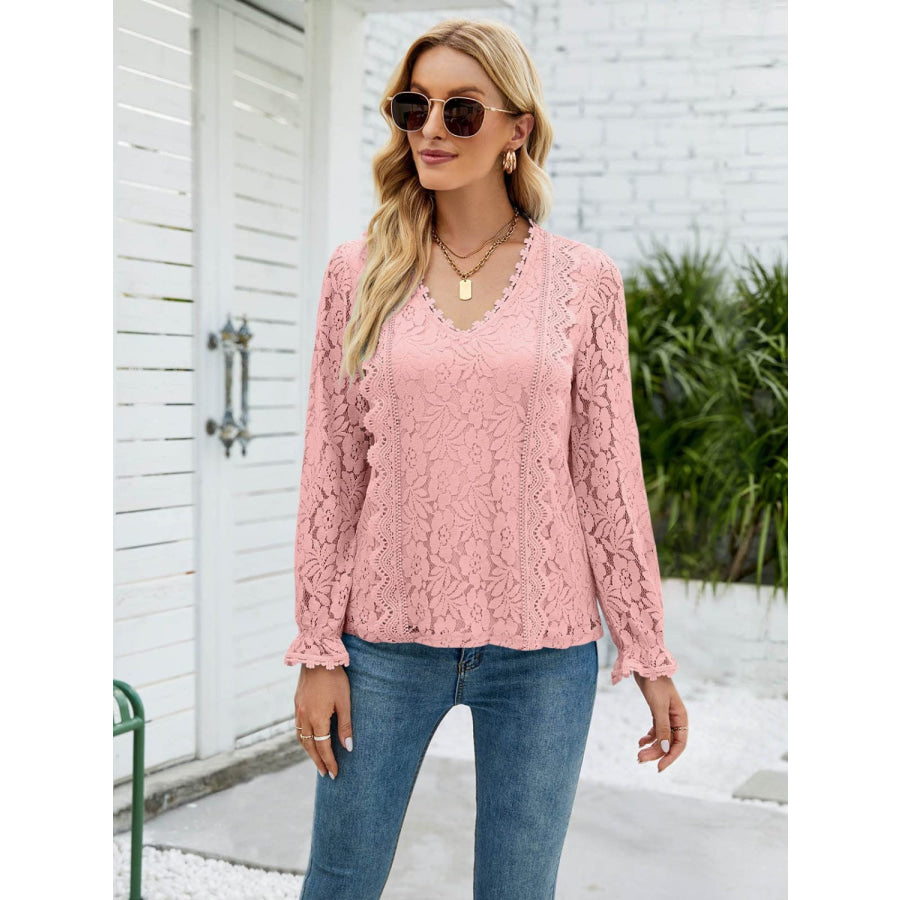 Lace V - Neck Flounce Sleeve Blouse Apparel and Accessories