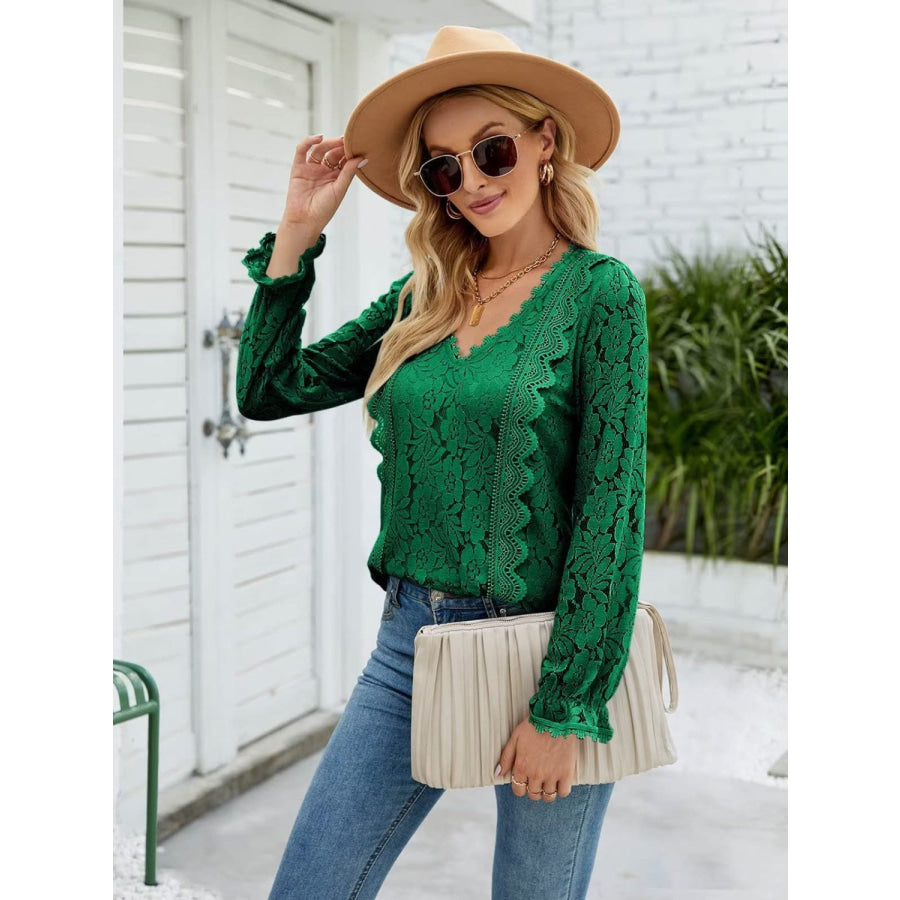 Lace V - Neck Flounce Sleeve Blouse Apparel and Accessories