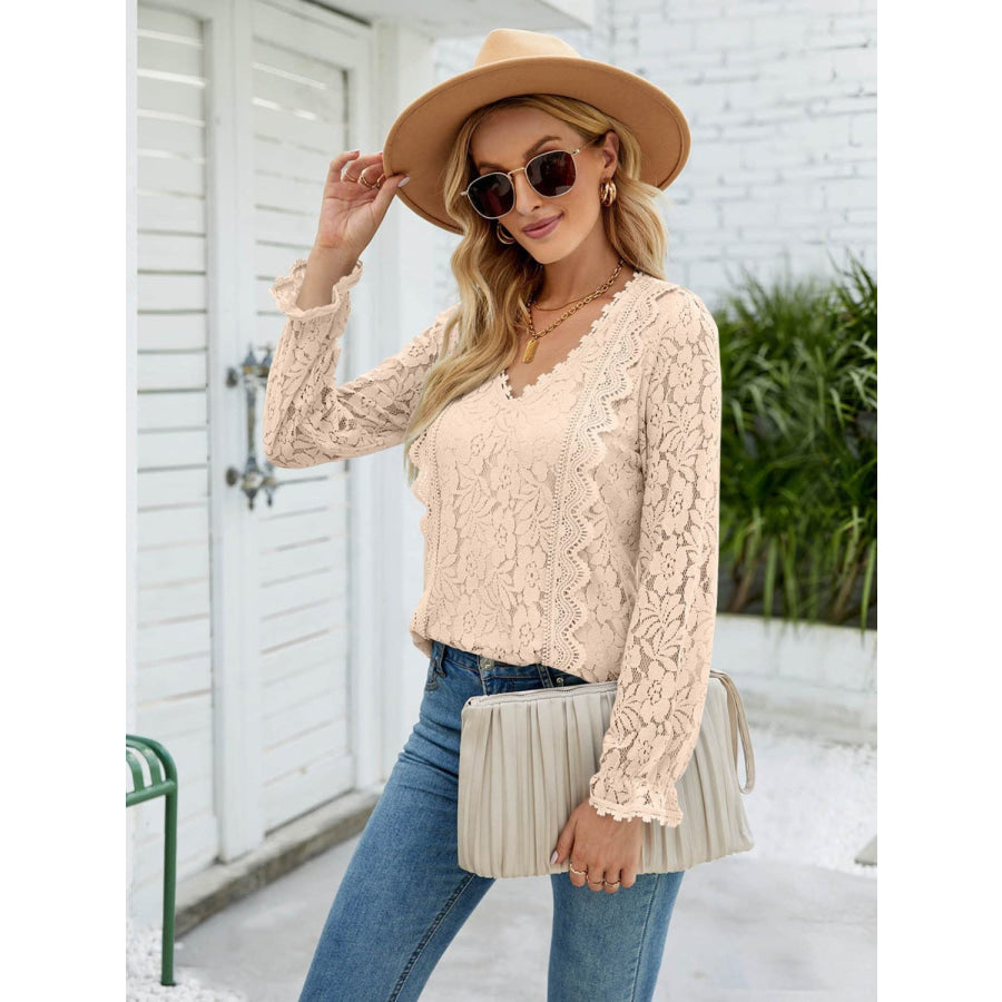 Lace V - Neck Flounce Sleeve Blouse Apparel and Accessories