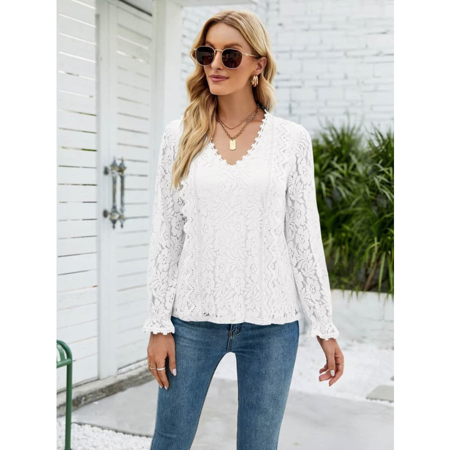 Lace V - Neck Flounce Sleeve Blouse Apparel and Accessories