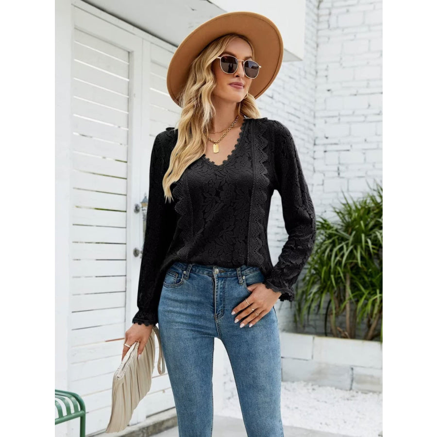 Lace V - Neck Flounce Sleeve Blouse Apparel and Accessories