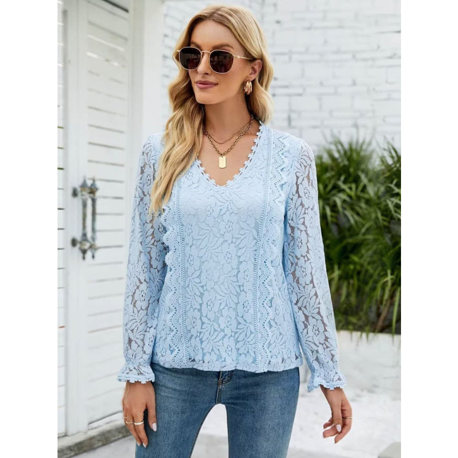 Lace V - Neck Flounce Sleeve Blouse Apparel and Accessories