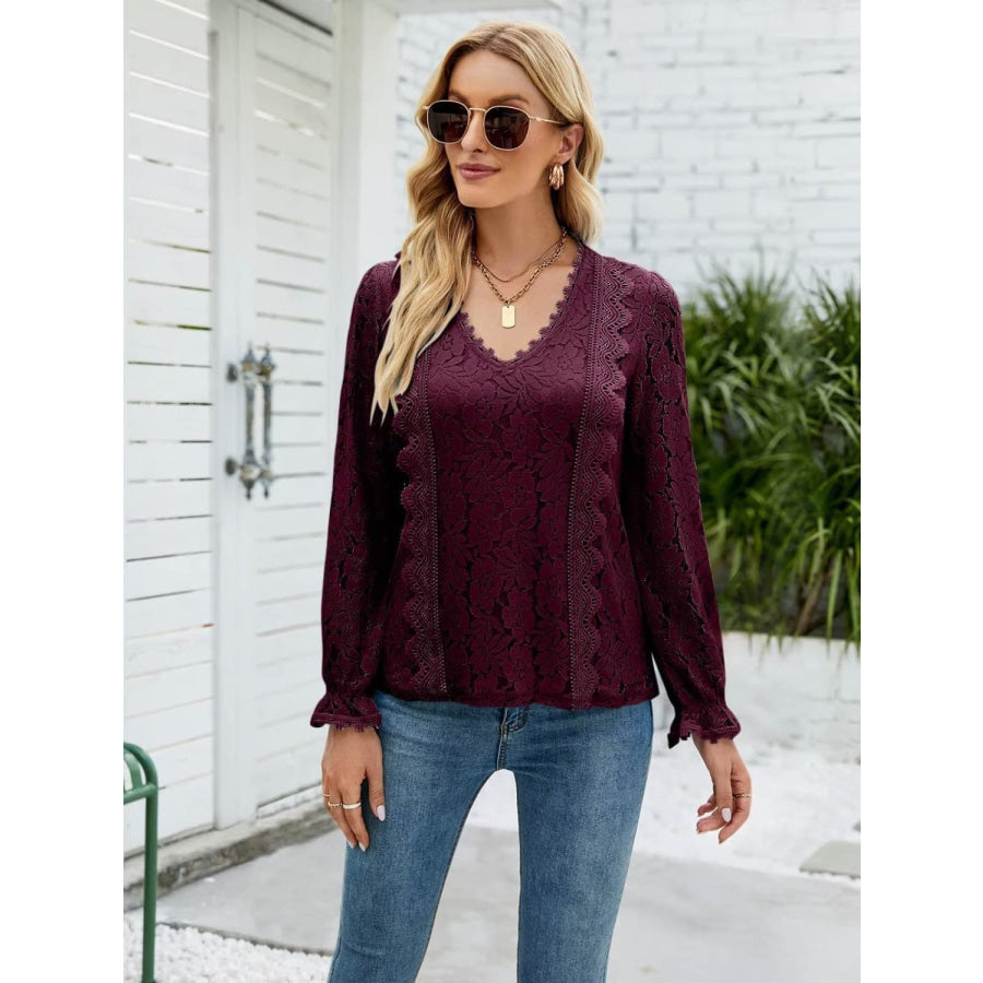 Lace V - Neck Flounce Sleeve Blouse Apparel and Accessories