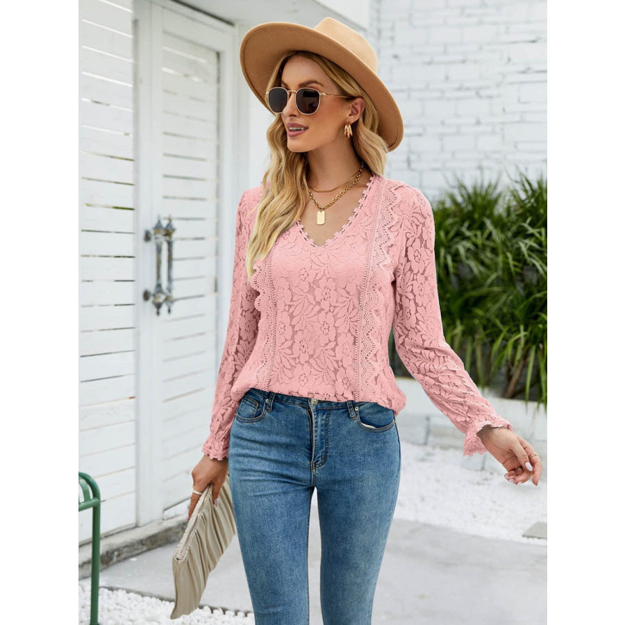 Lace V - Neck Flounce Sleeve Blouse Apparel and Accessories