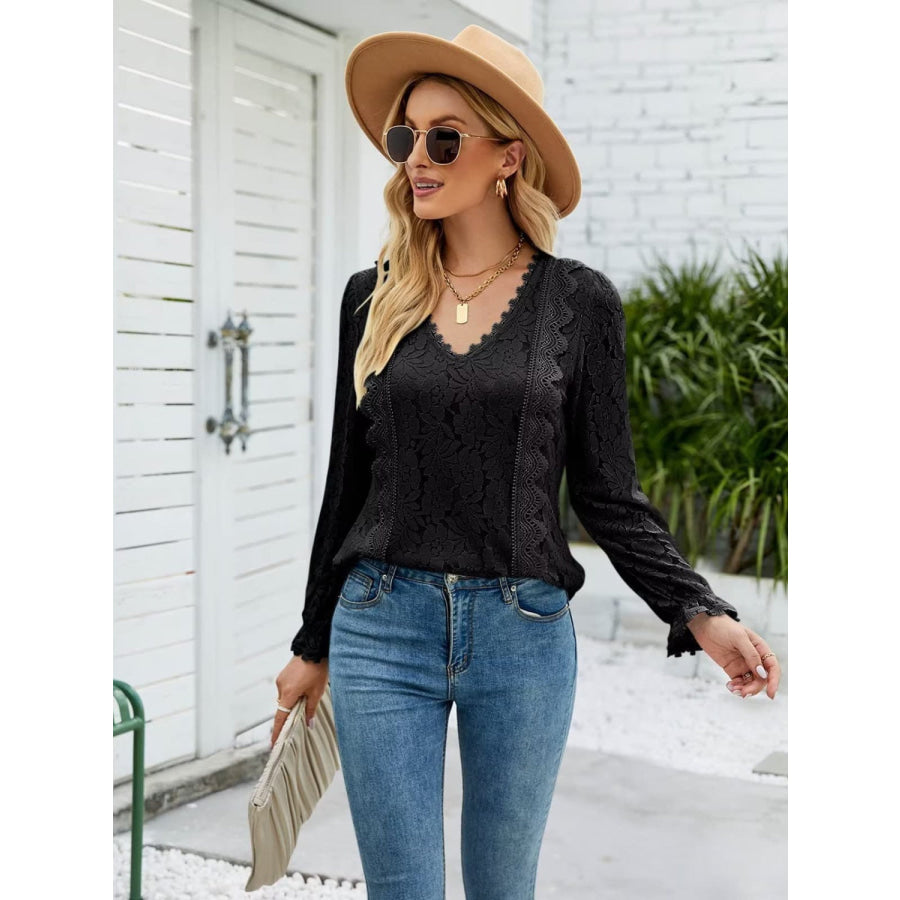 Lace V - Neck Flounce Sleeve Blouse Apparel and Accessories