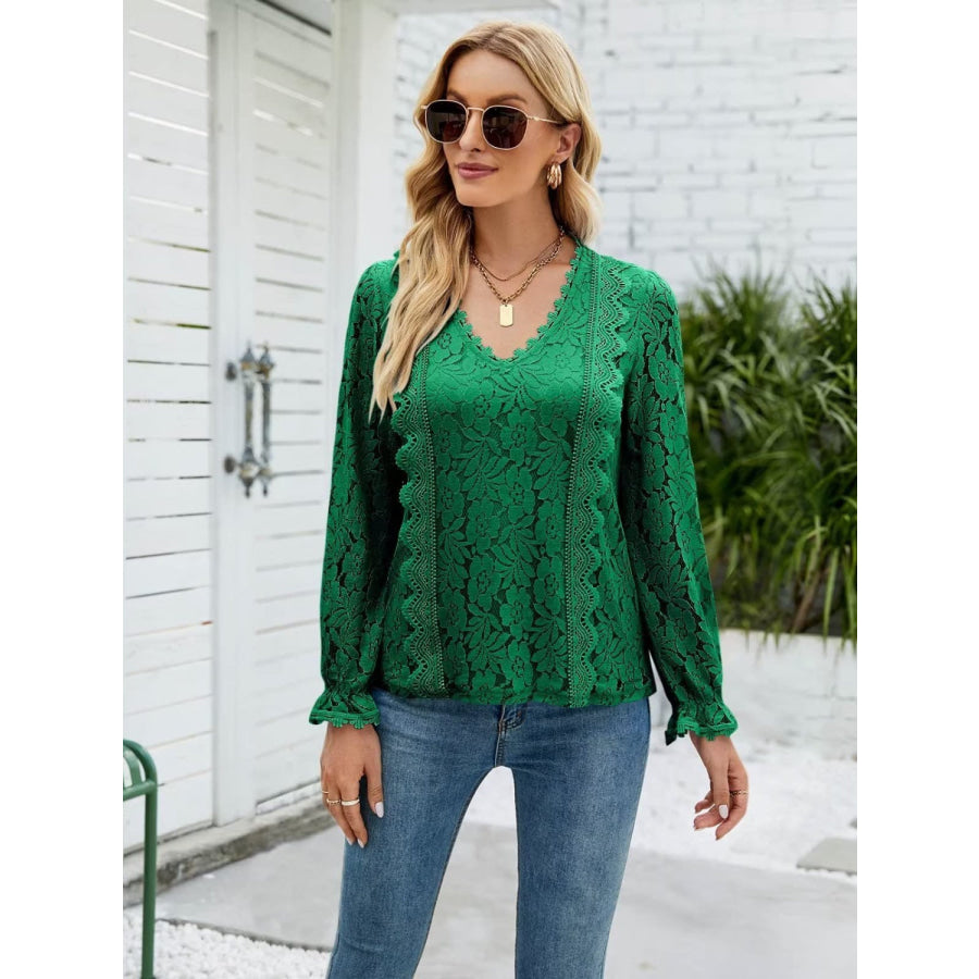 Lace V - Neck Flounce Sleeve Blouse Apparel and Accessories